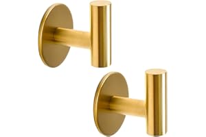 Vuzvuv Adhesive Brushed Gold Hooks, SUS304 Stainless Steel Self-Adhesive Towel Coat Robe Heavy Duty Waterproof Hook for Bathrooms Kitchen Hotel (2-Pack)