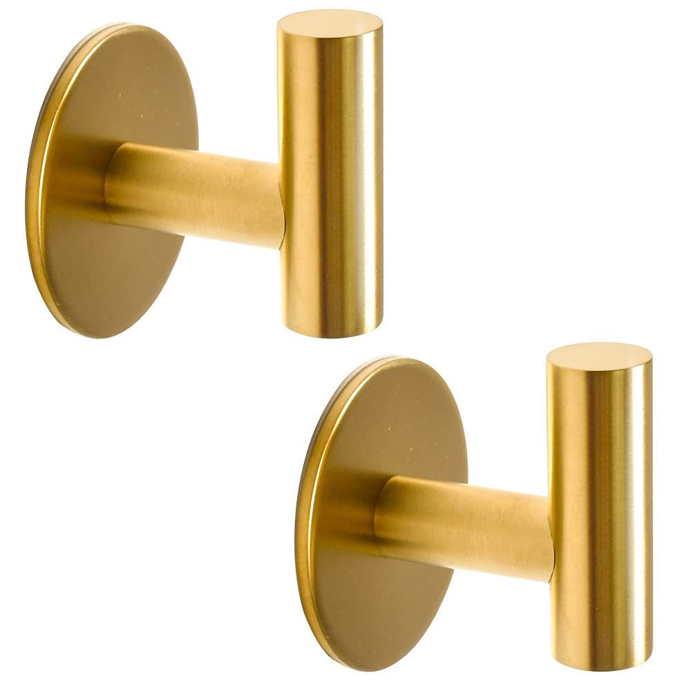 Vuzvuv 2 Pack Gold Towel Hook Self Adhesive Hooks Heavy Duty Waterproof Coat Hanging Wall Mounted Robe Hooks for Bathrooms Shower Kitchen Hotel- SUS304 Stainless Steel Brushed Brass