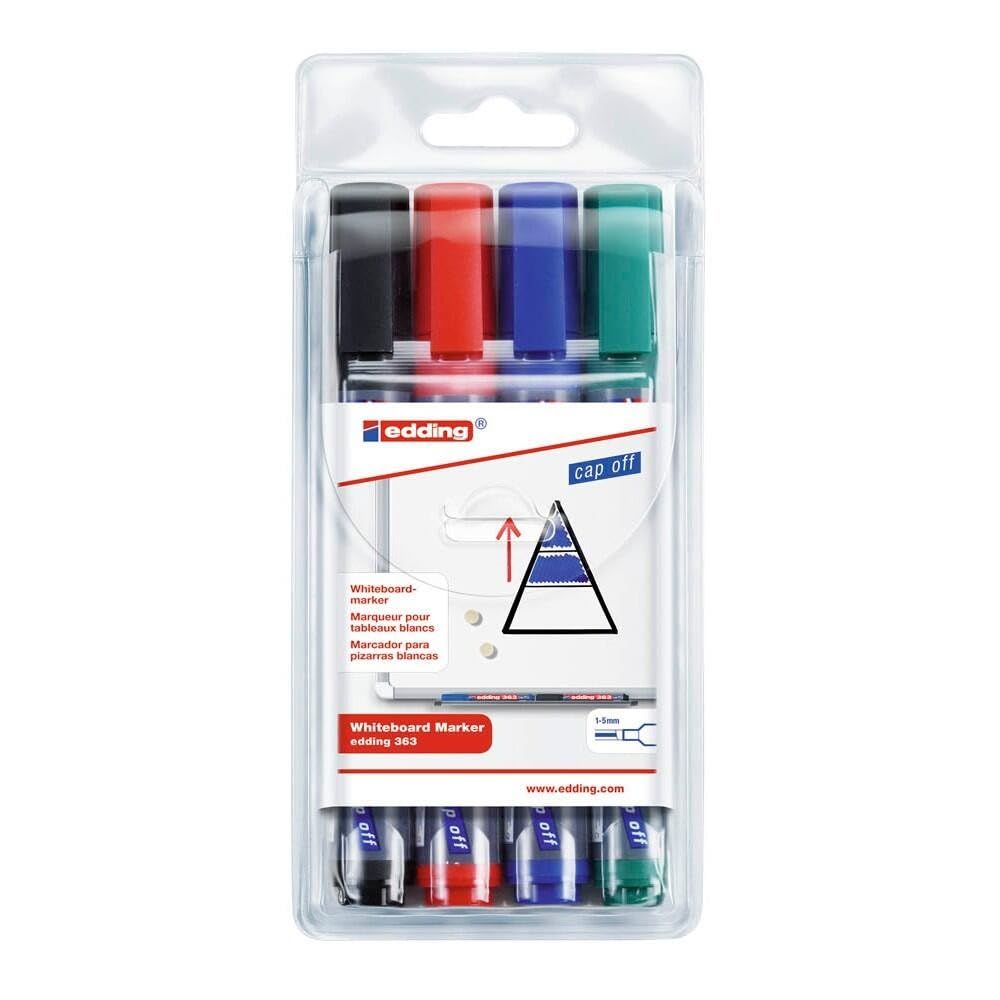 edding 363 whiteboard marker set - multi-coloured - 4 whiteboard pens - chisel nib 1-5 mm - whiteboard pen dry wipe - for whiteboards, flipcharts, magnetic, memo boards - sketchnotes - refillable