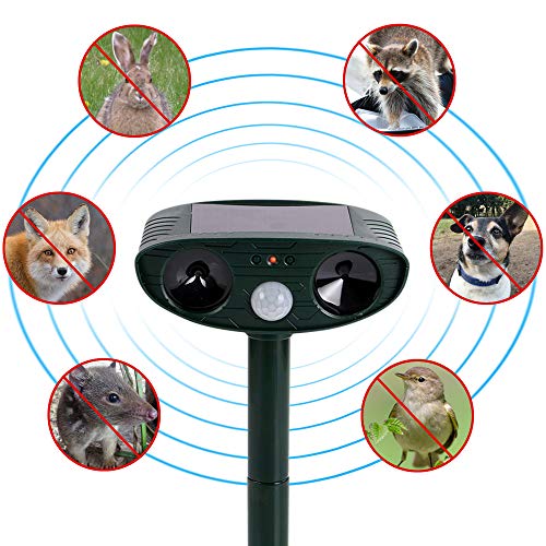 Solar Animal & Pest Repellent | Outdoor Waterproof Solar Sensor Animal & Pest Repeller | Ultrasonic Pulse Frightens Cats Dogs Birds Rodents Deer Raccoons Snakes & Mice Away