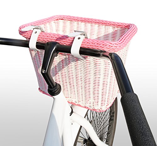 Colorbasket 00689 Rectangular Front Handle Bar Adult Bike Basket, All Weather, Water Resistant, Adjustable Leather Straps, Food-Contact Safe, White with Pink Trim