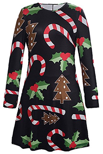 Herose Ladies Cozy Holly Berry Candy Canes Printed Flared Mini Dress Tops XL Black - Thumbnail 6