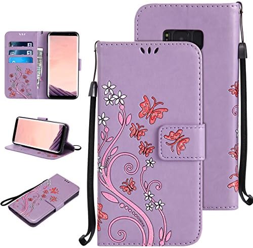Galaxy S8 Cases,Flip Embossed PU Leather Wallet Case,CASEOWL Bling Floral Butterfly Embossed Kickstand Card Solts Lanyard Case for Galaxy S8-5.8 inch(Light Purple)