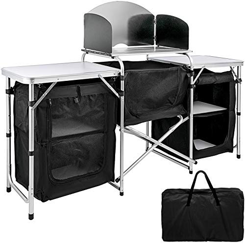 VBENLEM Camping Outdoor Kitchen 2-Tier Camping Kitchen Table with 3 Zippered Bag Camping Table 2 Side Tables Camp Cook Table Portable Outdoor Camping Table for Outdoor Activities Black