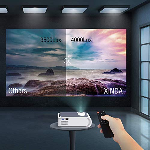 Projector,XINDA Mini Portable Projector with 4200 Lumen,210" Display with 60,000Hrs LED Life Home Theater Projector 1080P Supported,Compatible with Fire TV Stick,Smartphone,PS4,HDMI,TF,VGA,AV USB