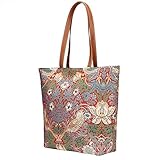 Red Flower and Bird William Morris Strawberry Thief Tapestry Shoulder Tote Handbag, Travel Handbags for Shopper, Daily Purse Tote Bag by Signare (SHOU-STRD)