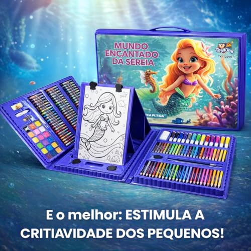 Maleta de Pintura Infantil 208 Itens Mundo Encantado da Sereia Desenho Arte Material Escolar Presente para Crianças
