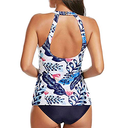 Women Halter Neck Swimsuit, Leadmall Backless Leaf Print Swimwear Tankini Tank Top Plus Size Swimming Suit with Cut Out Bottoms (L, Blue)