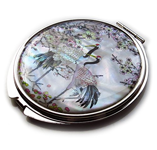 White-Mother-of-Pearl-Compact-Mirror-Metal-Round-Double-Sided-Folding-Magnify-Crane-Apricot-Tree-Design