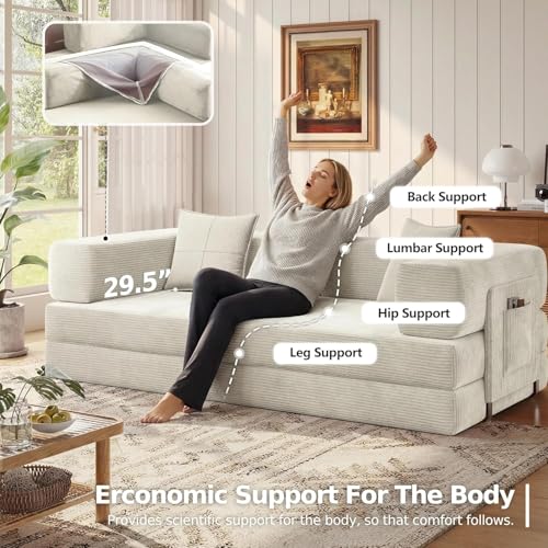 Convertible Folding Couch Bed, Comfy Corduroy Sleeper Floor Sofa Bed with Fixed-Shape Frame, Floor Sofa with Armrest, Lounge Couch for Living Room Bedroom Lounge Studio (Light beige, 150CM) | boneless couch