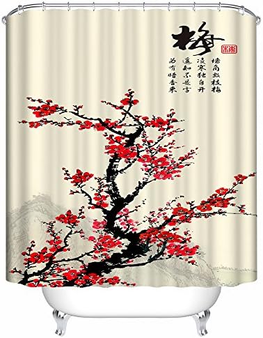 Panoramic Print with Black Branches and Red Blossom Fabric Shower Curtain. Spa Decor Kin By Nicola, Water Resistant Bathroom Zen Garden Theme Decor View for Magical and Luxurious Bathroom