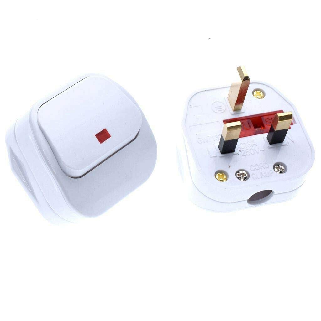 SUPERTOOL 3 Pin Switched Mains Plug White with Big Swtch Neon Indicator Light for Home, Workplace-2pcs