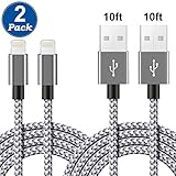 (2 Pack) Lightning Cable, 10Ft Durable Lightning to USB Cable Nylon Braided Fast Charge and Data Sync Cord for iPhone 6s Plus 6 5s 5c 5 7 Plus 7, iPad Air / mini / 4th Gen, iPod nano / touch (Silver)