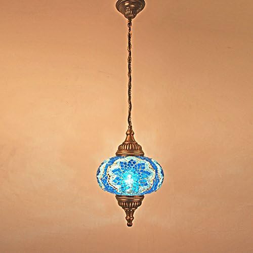 Woodymood Ceiling Mosaic Chandelier, Handmade, Turkish, Moroccan, Brass&Glass 9" Globe (Blue)