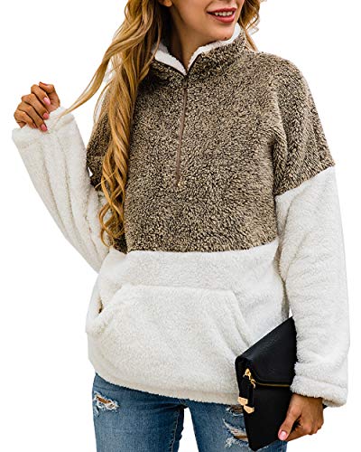 BTFBM Women Long Sleeve Zipper Sherpa Sweatshirt Soft Fleece Pullover Outwear Coat with Pockets (Khaki, Large)