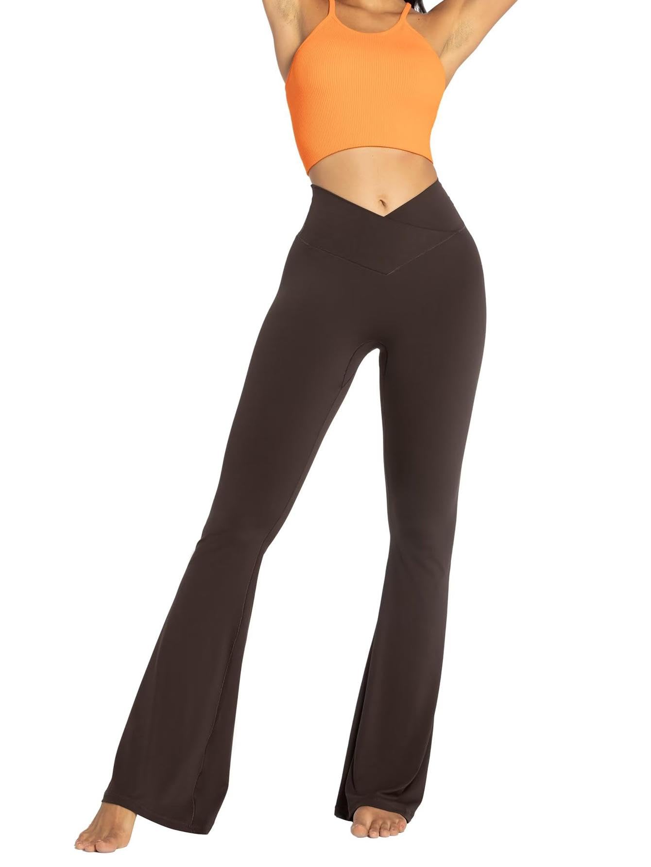 Am Direct Womens Flare Leggings No Front Seam Flare Yoga Pants with Tummy Control Crossover High Waist Coffee