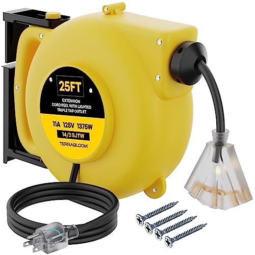 TerraBloom Retractable Extension Cord Reel with Light Indicator 14/3