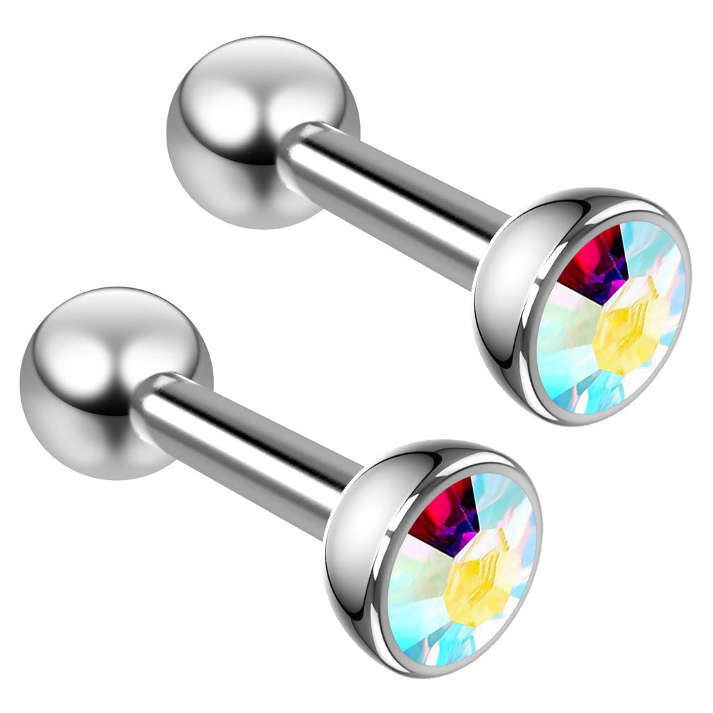 2pc 16g 1.2mm Aurora Borealis Earrings AB Crystal Cluster CZ Tragus Cartilage Bar Helix Piercing