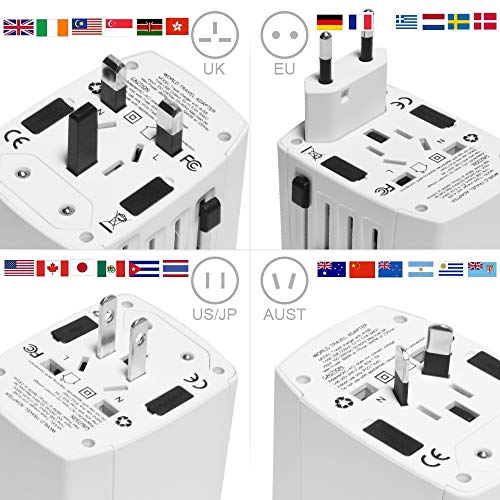 Travel Adapter, 2000W International Power Adapter, All in One Universal Power Adapter with 4 Quick Charge USB 3.0 Ports, for UK, EU, AU, US, Over 150 Countries (White)