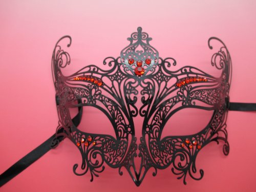 Black Queen Laser Cut Venetian Halloween Masquerade Mask Costume Inspire Design - Black w/ RED Rhinestones