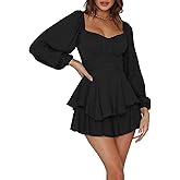 Fixmatti Women off Shoulder Rompers Lantern Long Sleeve Ruffle Tie Mini Shorts Jumpsuit