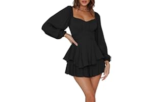 Fixmatti Women off Shoulder Rompers Lantern Long Sleeve Ruffle Tie Mini Shorts Jumpsuit