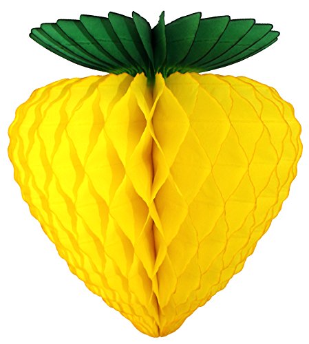 3-pack 10 Inch Hanging Honeycomb Tissue Paper Strawberry Fruit Decoration, Yellow with Green Leaves