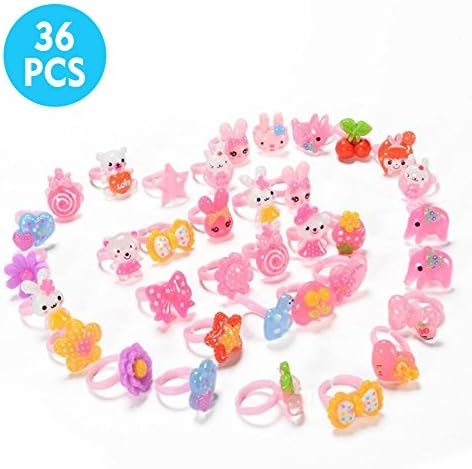 36 PCS Cute Cartoon Flowers Jewelry Rings Acrylic Resin Children Heart Gift Box For Kids