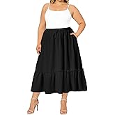 Moon Wood Women's Plus Size Midi Skirt- High Waist Tiered A-Line Flowy Ruffle Skirt with Pockets (Floral & Solid)