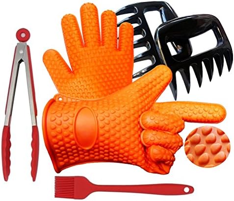 XJ Garden Heat Resistant Grilling Oven Gloves Mitts Set BBQ Cooking Gloves with Meat Claw Shredder
