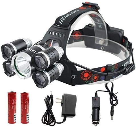 Ultra Bright 8000 Lumens Led Headlamp Flashlight,Waterproof hard hat Light,Night Fishing Lights Torch-5 LED 4 Modes-Rechargeable Batteries for Hunting /Camping / Travel /Car repair(Silver)