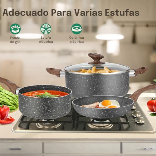 M MELENTA juego de ollas y sartenes antiadherentes, juego de ollas de granito, bateria de cocina antiadherente 18 piezas, ollas de cocina de aluminio, color gris