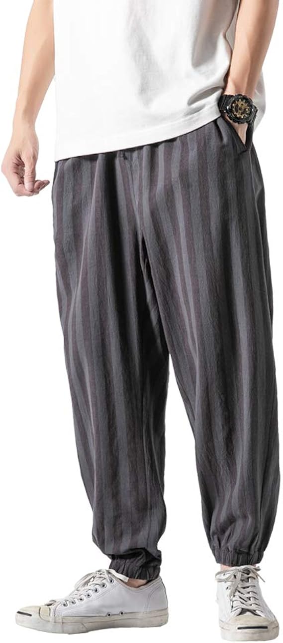 Amazon Kogarasi サルエルパンツ メンズ ワイドパンツ 秋服 スウェット ロングズボン ゆったり 綿 麻 大きいサイズ ストライプ おしゃれ ゴム紐付き 裾リブ オールシーズン ロングパンツ 通販
