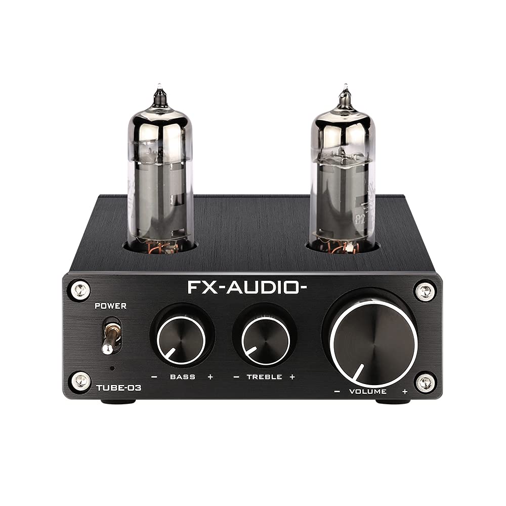 FX AUDIO Vacuum Tube 03 Preamp—Mini Electronic Hi-Fi Stereo 6K4 Tube Preamplifier with Bass & Treble Control for Home Audio Player DC 12V Black