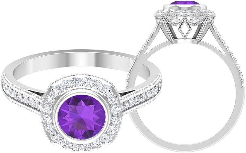 Amazon 6 00 Mm ソリティアアメジストリング Hi Si ダイヤモンドハローリングサイドストーン婚約指輪ゴールドベゼルセットリング a品質 14k ホワイトゴールド Size 9 リング 通販