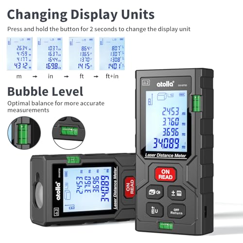 atolla Telémetros Láser 60M Medidor Laser de Distancia Alta Precisión ±2 mm, Distanciometro Laser con LCD Pantalla Almacenamiento de Datos, Medición de Pitagórico/Distancia/Área/Volumen, IP54