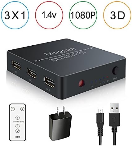 Dinger HDMI Switch, 3 Port HDMI Switch with Remote Control and AC Power Adapter, HDMI Switches Supports 4K, 1080P, 3D