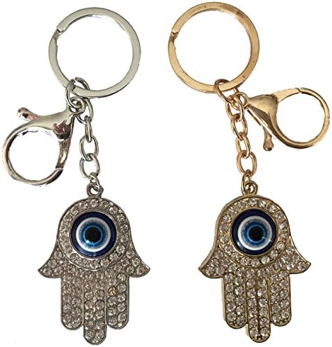 Hamsa Keychain Ring with Carabiner Lock, Blue Evil Eye for Protection and Blessing, Talisman to Absorb Negative Energy, Pair of Gold and Silver Color
