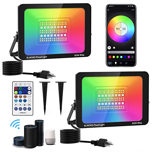 50W Reflectores Led Exteriores RGB Intelligentes Wifi, compatible con Alexa, Lampara Luces RGB de Colores con Remote y Soporte de Espiga, Equivalente 500W, Para Fiesta Jardin Halloween Nadvida