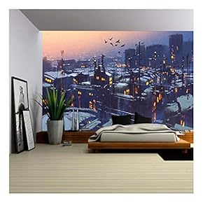 Painting of City Snowy Winter Scene,Rooftops Covered with Snow at Sunset - Removable Wall Mural | Self-Adhesive Large Wallpaper - 66x96 inches