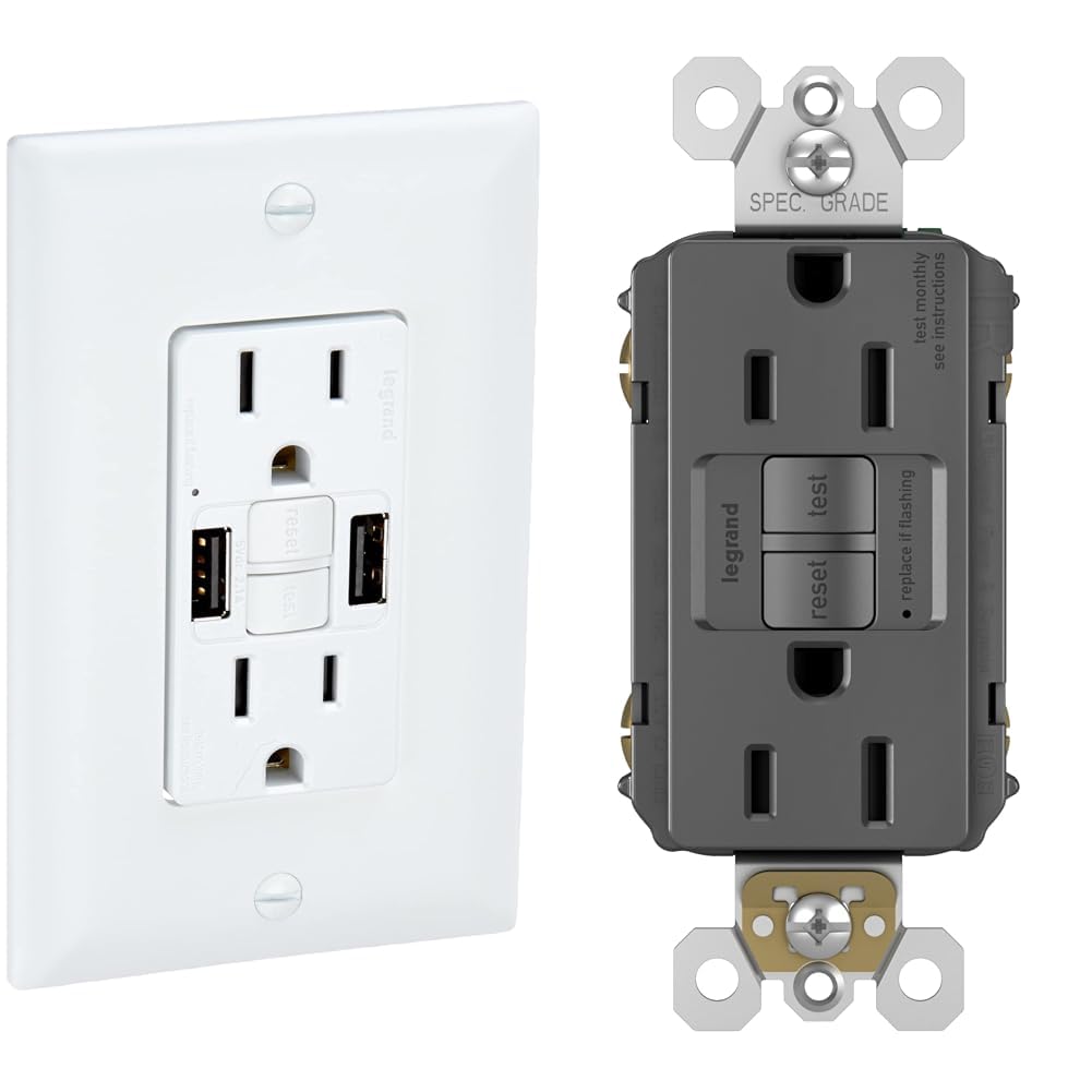 Legrand Radiant 1597TRUSBAAW 15 Amp GFCI Outlet with USB & Legrand Radiant 1597BKCCD12 15 Amp GFCI Duplex Outlet (1 Count Each) Image