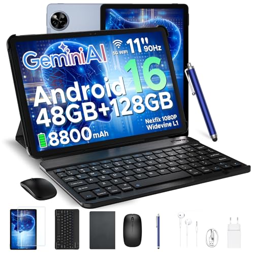 POPUX P11 Tablette 11 Pouces, Tablette Android 16 avec 48Go+128Go/2To TF, T7250, 90Hz Display, 8800mAh, Gemini AI, Tablette avec Stylet & Clavier, 13MP+5MP, Widevine L1, Face ID, 5G WiFi, Gris