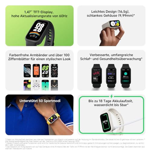 XIAOMI Smart Band 9 Active Schwarz – 1.47" TFT, 450 Nits, 18 Tage Akku, 50 Sportmodi, SPO₂-Sensor, 5ATM Wasserdicht thumbnail 2