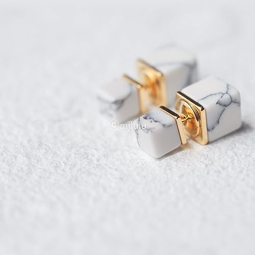 White Simulated Howlite Geometric Square Double Sided Front and Back Stud Earrings