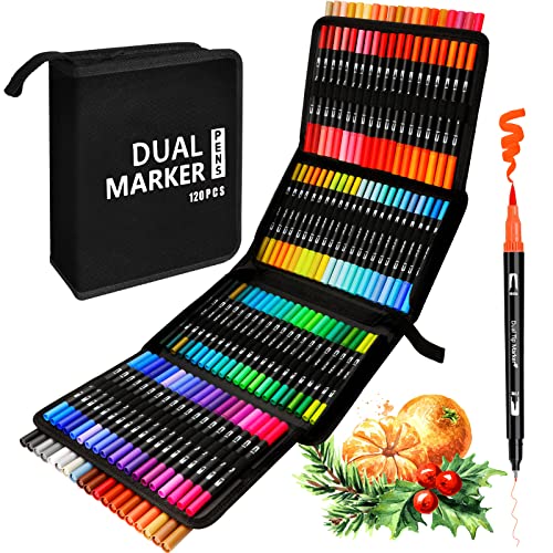 AFXXE 120 Colors Lettering Markers Brush Tips & Double Fine Kit for Girls, Kids and Adults, Professional Watercolour Markers Included 3 Templates