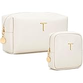 CLOUDWINGS Personalized Birthday Gifts for Women - Initial Makeup Bag Set Travel Toiletry Bag Cosmetic Bags Soft Waterproof PU Leather Makeup Pouch Travel Essentials (Beige,T)