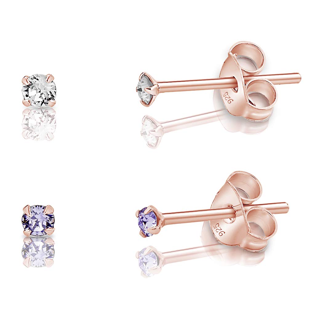 DTPSilver - Set of 2 PAIRS of 925 Sterling Silver Rose Gold plated Round TINY Stud Earrings made with Glittering Crystals from Swarovski® Elements - Diameter: 2 mm - Colour : Provence Lavender