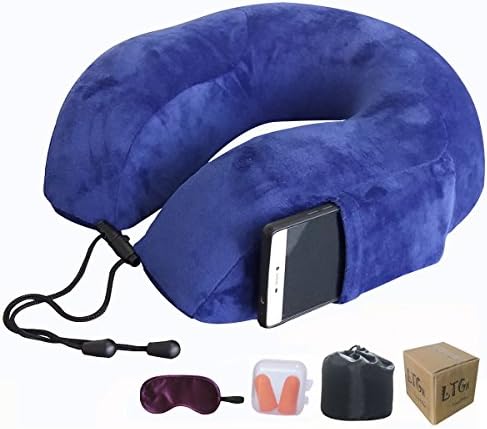 Luentailtg U Shaped Memory Foam Pillow with Cell Mobile Phone Pocket Eye Mask Earplugs for Airplane Car Train and Home Use Head Neck Support Travel Pillow with Water Proof Travel Bag (Blue)
