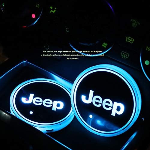 LED Automobile Cup Holder Lights Set with USB Charging Mat - 7 Colors, Jeep Logo Coaster