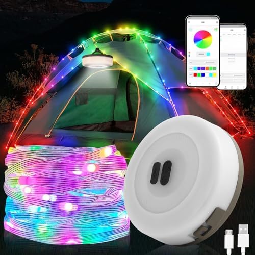 Outdoor Waterproof Portable Stowable String Light, RGB Dimmable Camping String Lights USB Rechargeable Fairy Tent Lantern Reel LED Party Lights 2000mAh for Family Garden Hiking Decor (Colorful, 8m)